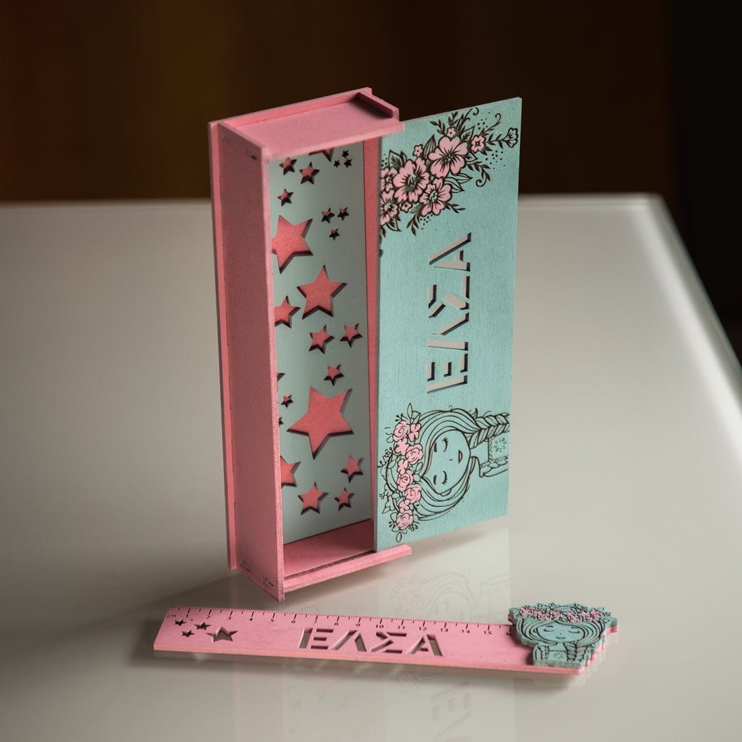 "Butterfly Girl"| Σετ Ξύλινη Κασετίνα & Χάρακας Με Όνομα
