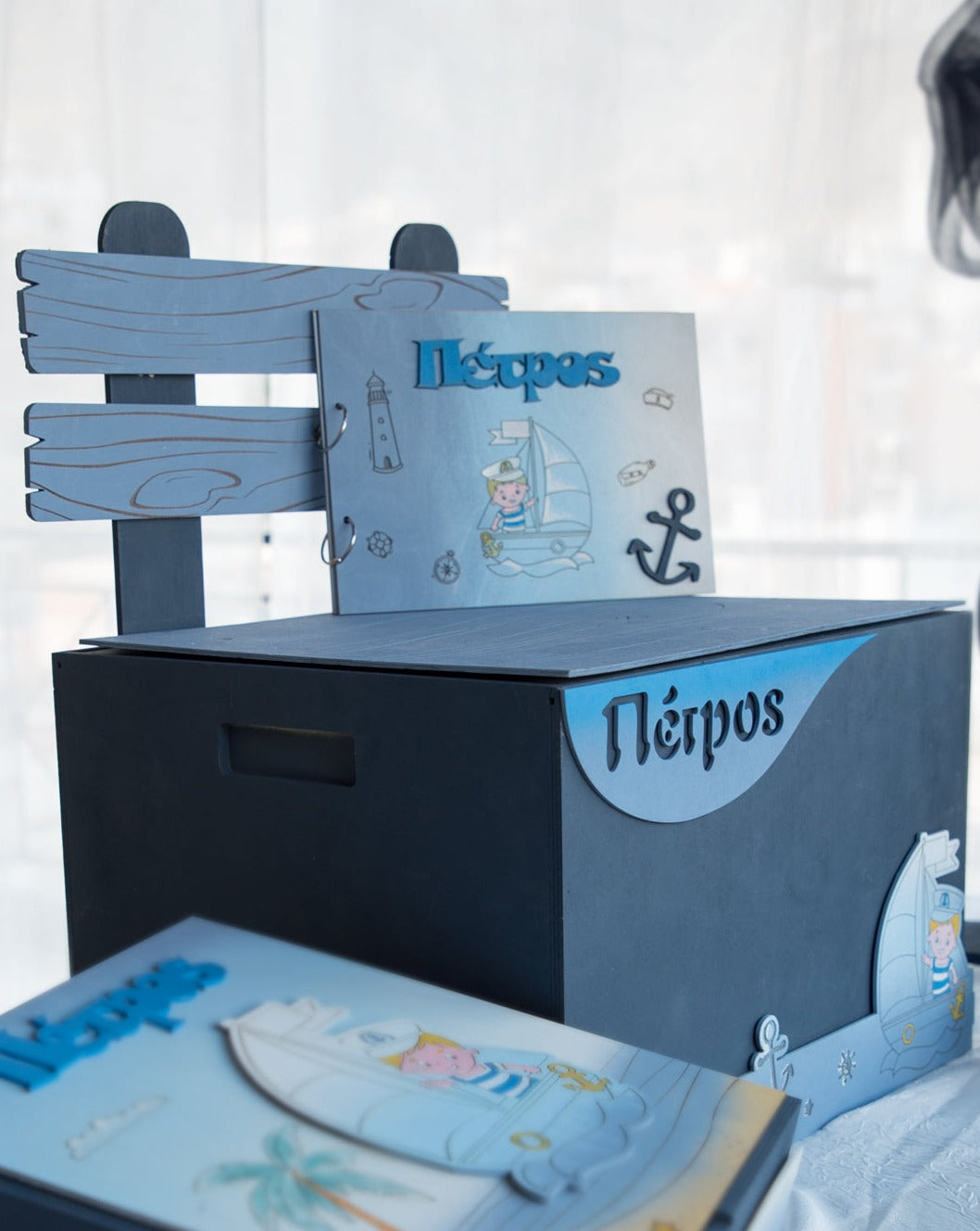 Κουτί Αποθήκευσης Βαπτιστικών Παγκάκι με Θέμα "Nαυτάκι" και Όνομα