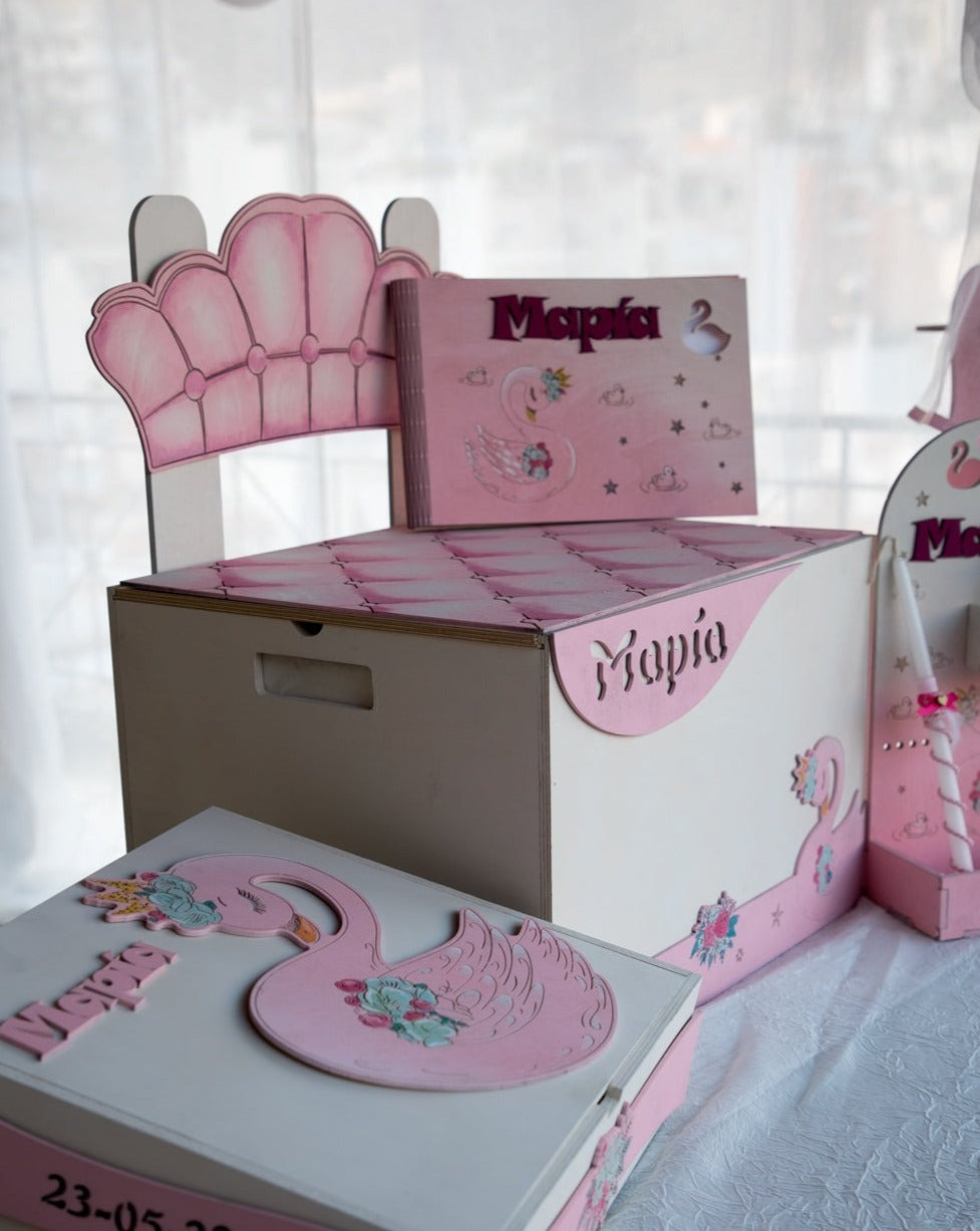 Κουτί Αποθήκευσης Βαπτιστικών Παγκάκι με Θέμα "Κύκνος" και Όνομα