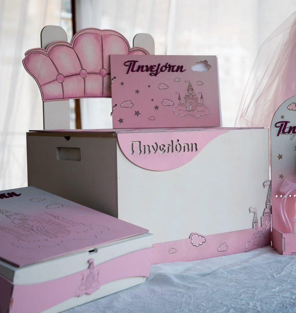 Κουτί Αποθήκευσης Βαπτιστικών Παγκάκι με Θέμα "Ροζ Πύργος" και Όνομα