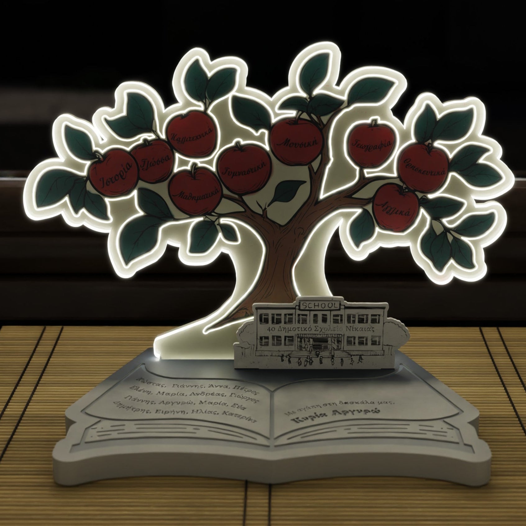 Eπιτραπέζιο Φωτιστικό "School Tree" με ονόματα μαθητών και αφιέρωση (συνδυασμός ξύλου & plexiglass)