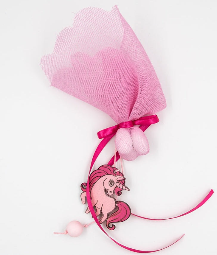 Μπομπονιέρα Με Τούλι, Χάντρα Και Ξύλινο Στοιχείο| "Ροζ Μονόκερος"