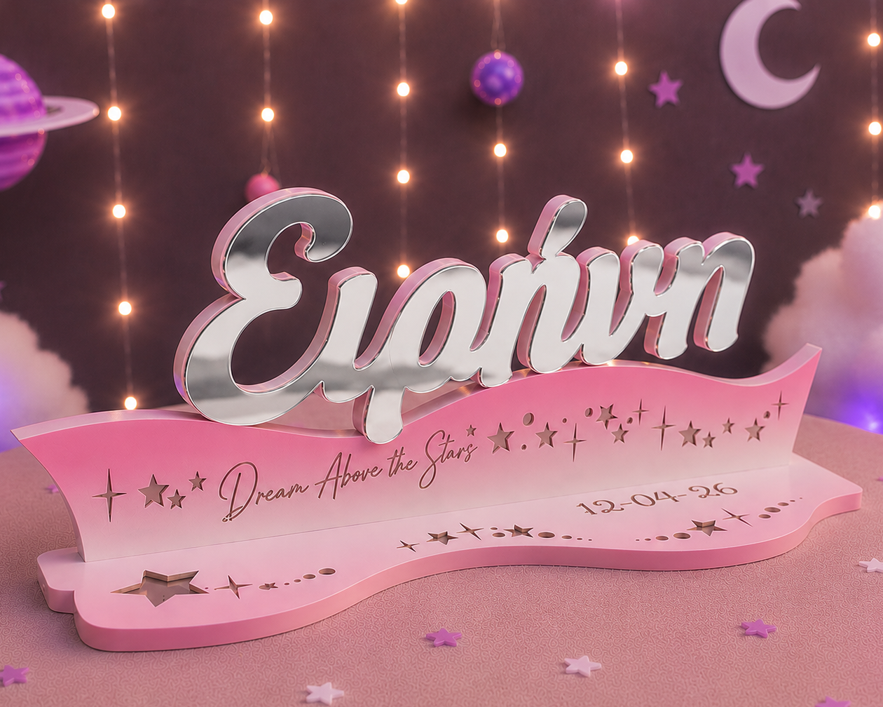 Ασημί Plexiglass Όνομα σε ξύλινη βάση "Dream Stars" (διαθέσιμα μεγέθη)