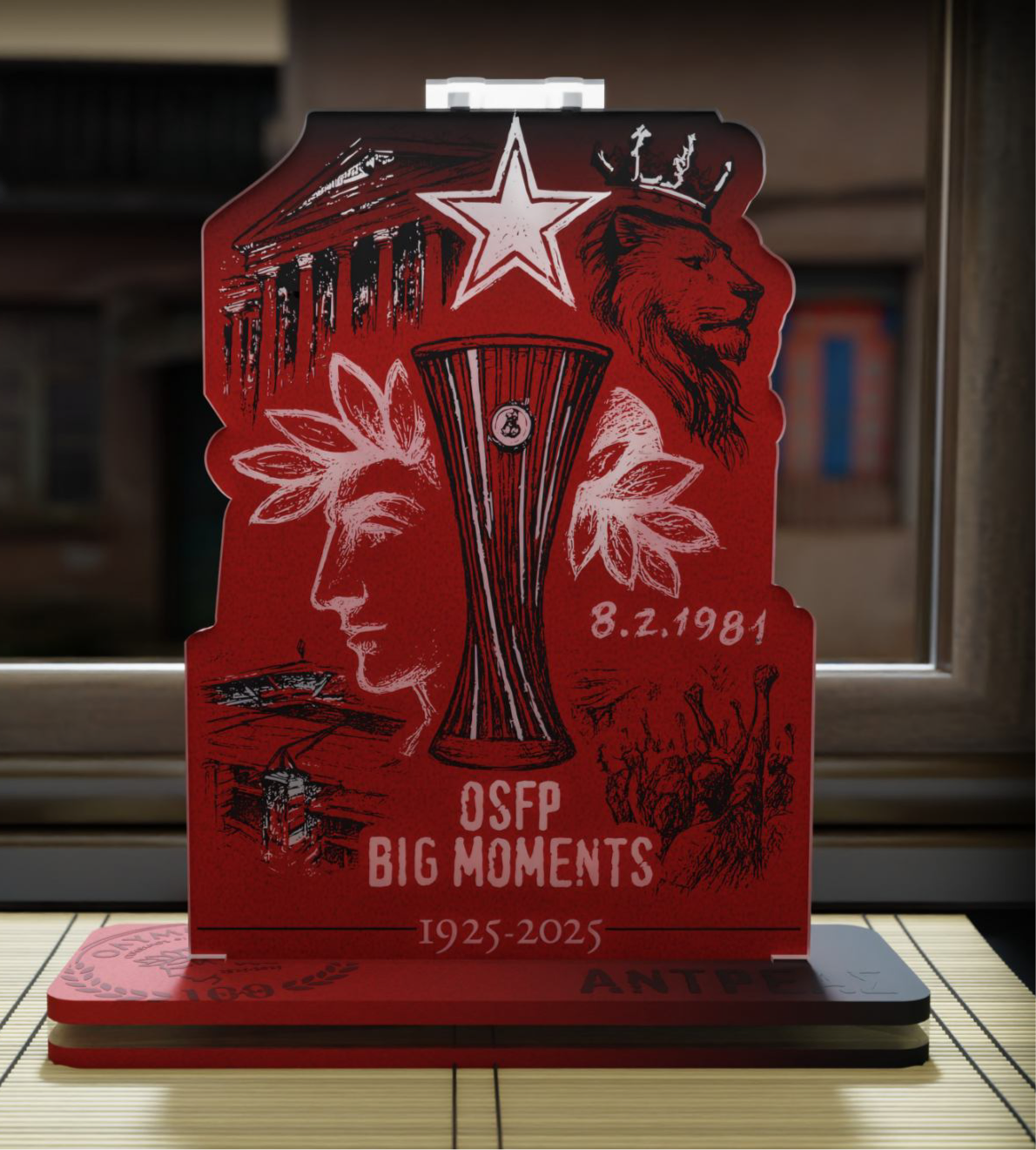 "RED HISTORY THRILOS" Επιτραπέζιο Φωτιστικό  με Ξύλο & Plexiglass (17cm * 25cm)