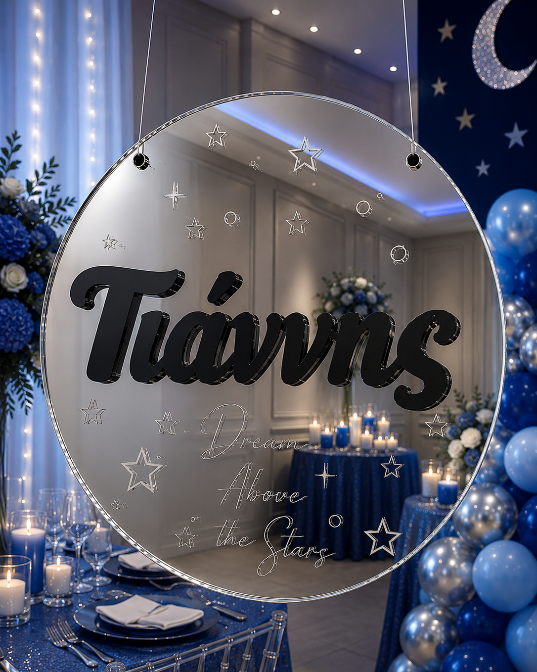 Κρεμαστή Πινακίδα Ασημί Plexiglass "Above the Stars" με Τρισδιάστατο Όνομα (35cm, 40cm, 55cm))