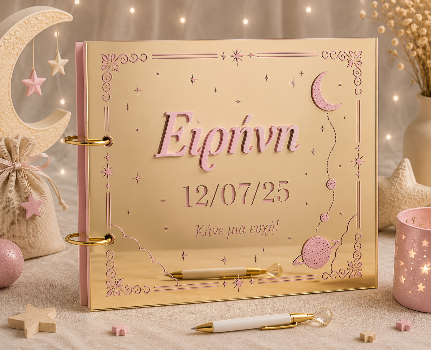 Ευχολόγιο Βάπτισης "Dream Stars" Χρυσό Plexiglass με 3D Ξύλινο Όνομα σε απόχρωση της επιλογής σας