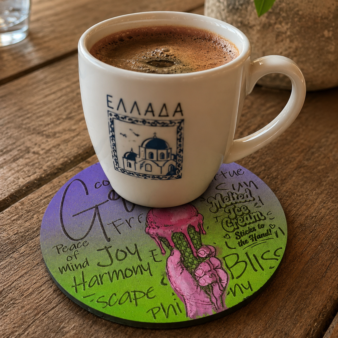 Hand-Painted & Engraved Wooden Coaster "Melted Ice Cream"