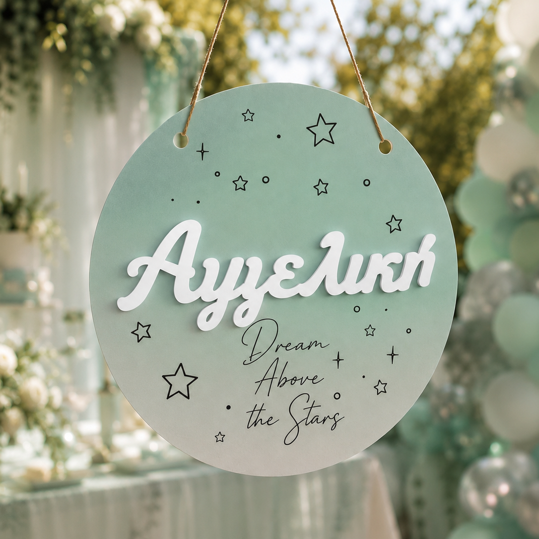 Ξύλινη Κρεμαστή Πινακίδα  "Above the Stars" με Τρισδιάστατο Plexiglass Όνομα (35cm, 40cm, 55cm)