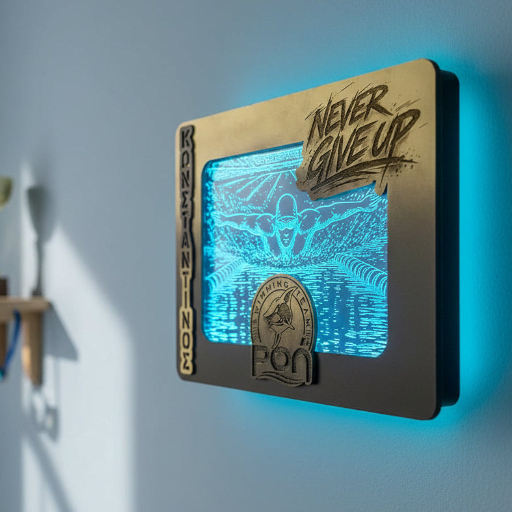 Φωτιζόμενο Κάδρο χάραξη "Swimmer" σε plexiglass με σήμα Συλλόγου  & Όνομα (31,5 cm*23,5cm)