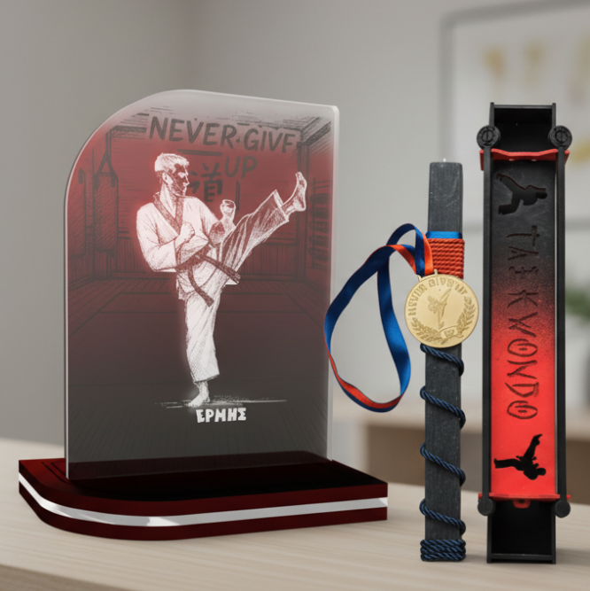 "TAE KWON DO" | Σετ Λαμπάδα με στοιχείο μετάλλιο & Επιτραπέζιο Φωτιστικό "Never Give Up" με Όνομα