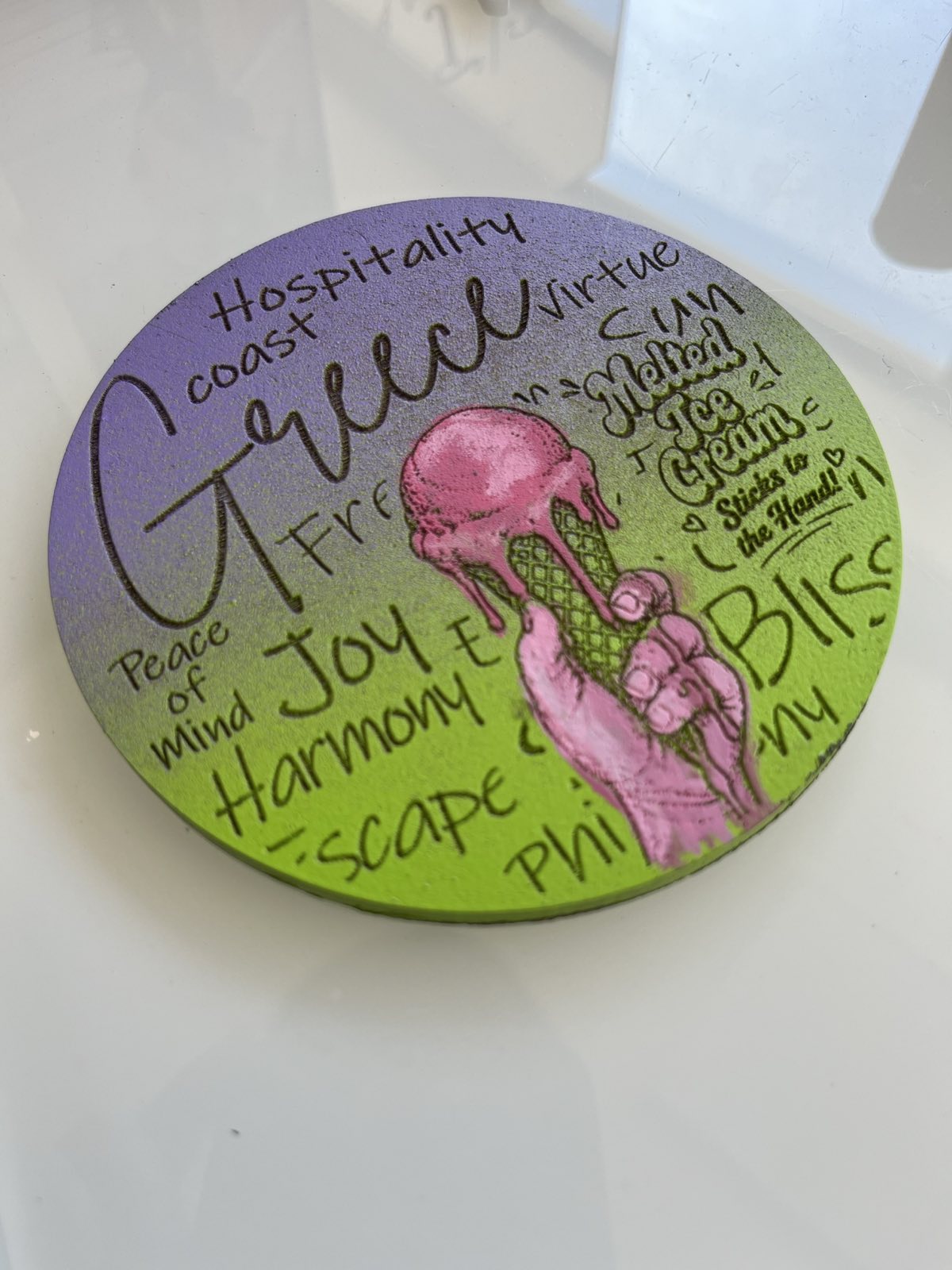 Hand-Painted & Engraved Wooden Coaster "Melted Ice Cream"