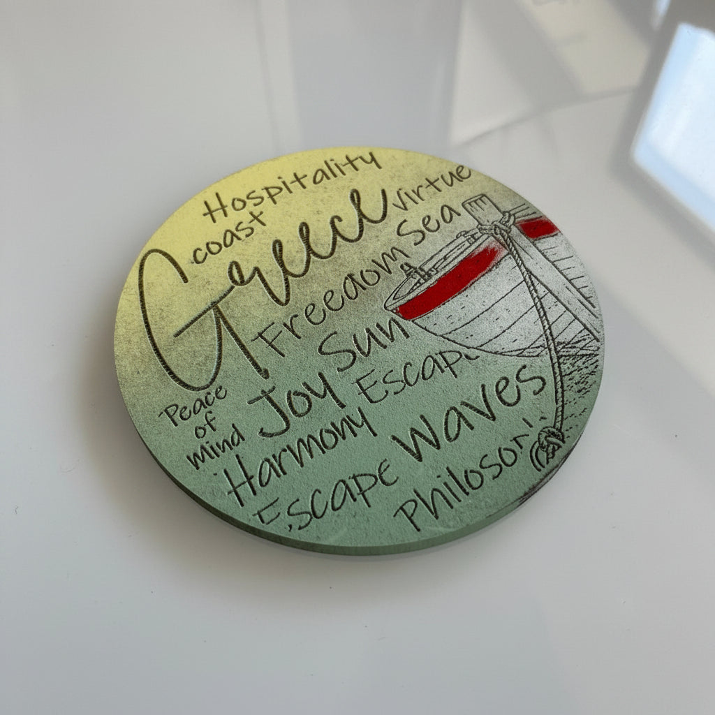 Hand-Painted & Engraved Wooden Coaster "TRADITIONAL BOAT"
