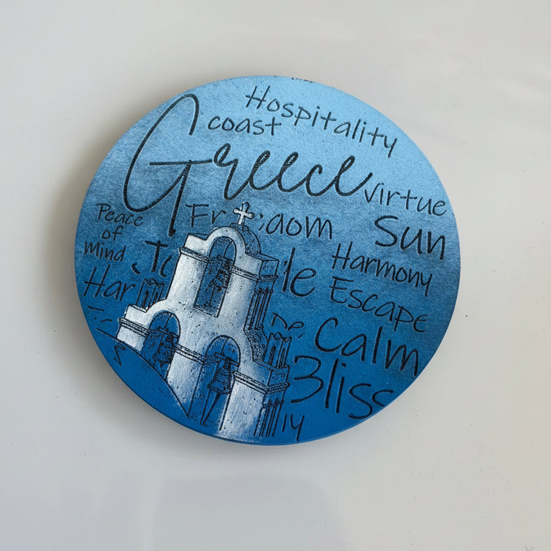 Hand-Painted & Engraved Wooden Coaster "GREEK CHURCH"