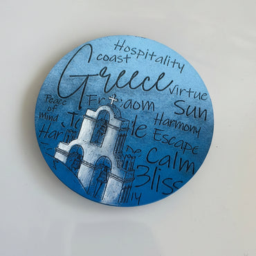 Hand-Painted & Engraved Wooden Coaster "GREEK CHURCH"