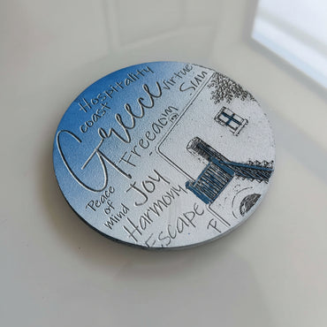 Hand-Painted & Engraved Wooden Coaster  "GREEK ISLAND HOUSE"