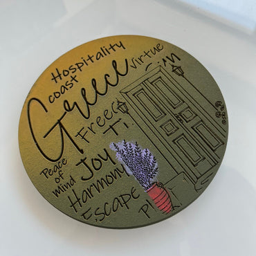 Hand-Painted & Engraved Wooden Coaster  "GREEK TRADITIONAL DOOR"