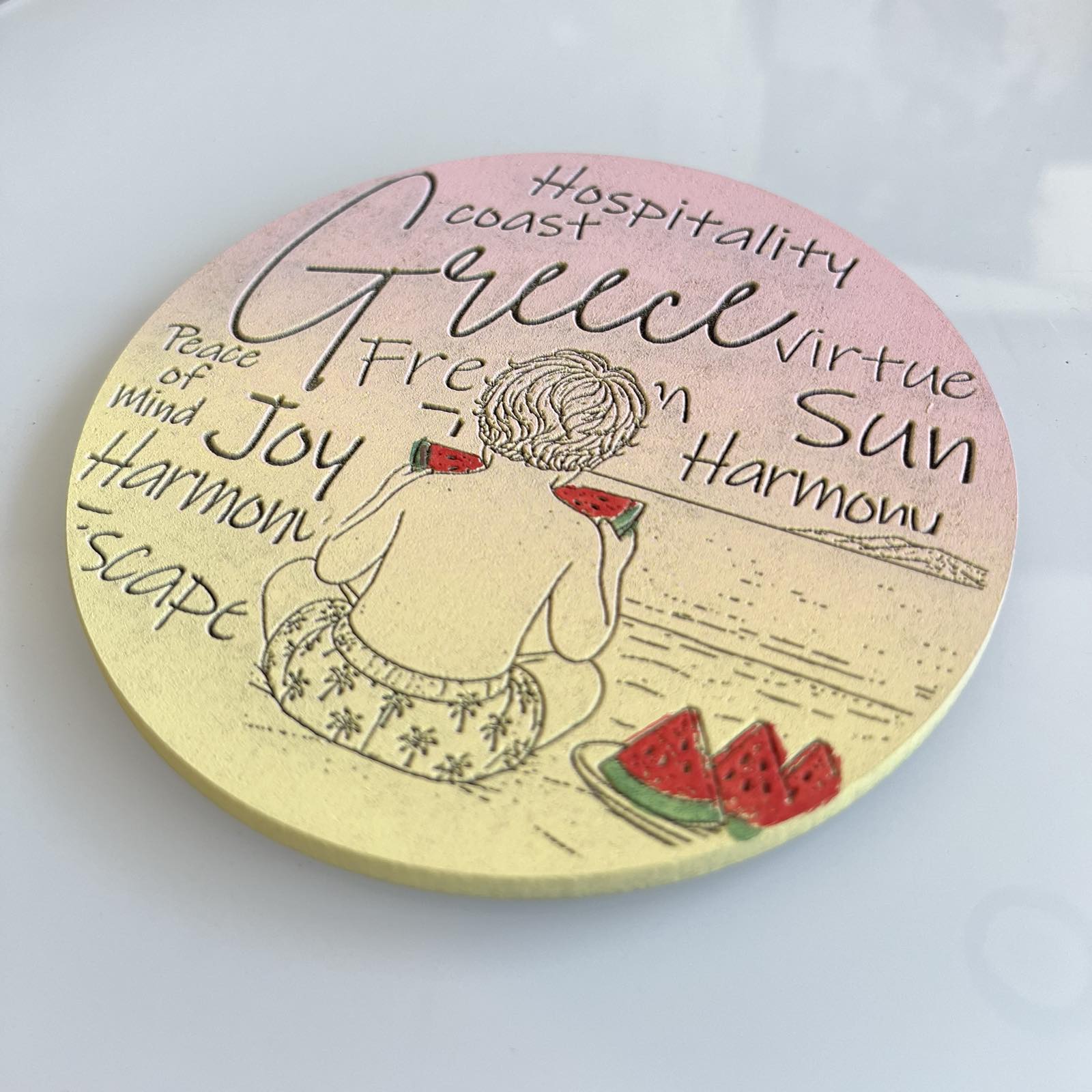Hand-Painted & Engraved Wooden Coaster   "CHILDHOOD SUMMER MEMORY"