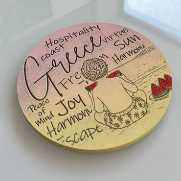 Hand-Painted & Engraved Wooden Coaster   "CHILDHOOD SUMMER MEMORY"