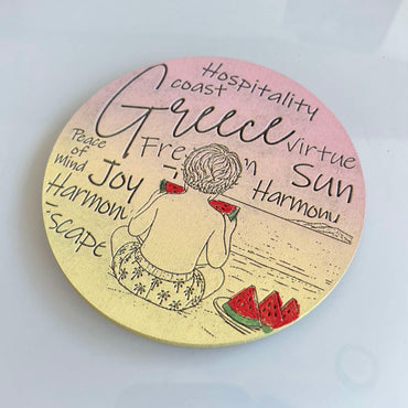 Hand-Painted & Engraved Wooden Coaster   "CHILDHOOD SUMMER MEMORY"