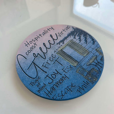 Hand-Painted & Engraved Wooden Coaster "GREEK VOUKAMVILIA CAFE"