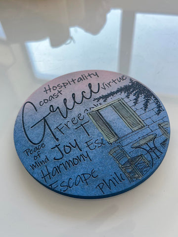 Hand-Painted & Engraved Wooden Coaster "GREEK VOUKAMVILIA CAFE"