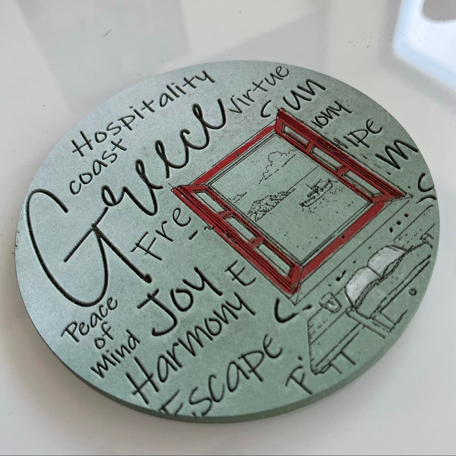 Hand-Painted & Engraved Wooden Coaster "AEGEAN VIEW"
