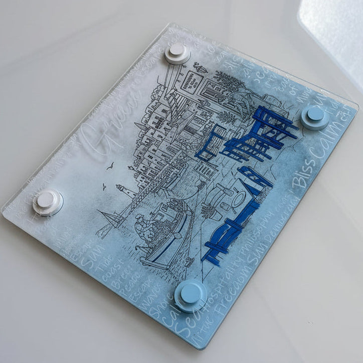 "GREEK ISLAND"| Hand-Painted & Engraved Wooden Placemat with Removable Plexiglass Cover (Copy)