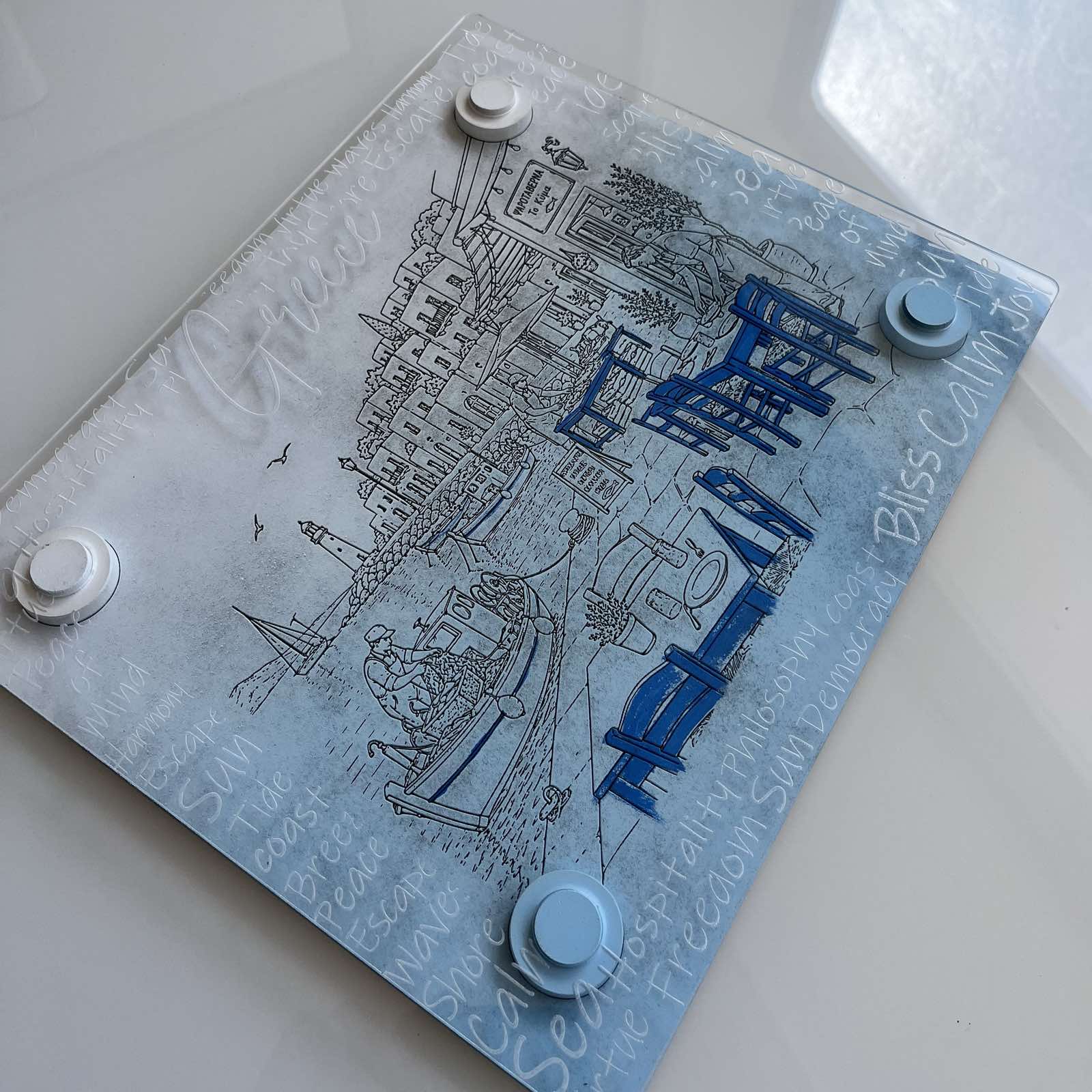 "GREEK ISLAND"| Hand-Painted & Engraved Wooden Placemat with Removable Plexiglass Cover (Copy)