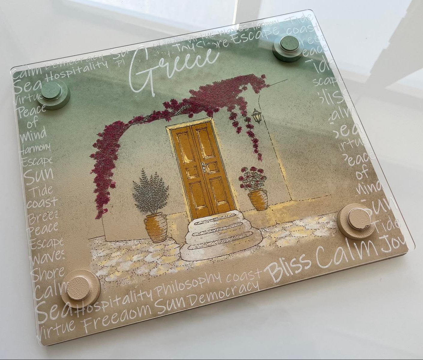 "GREEK TRADITIONAL DOOR" | Hand-Painted & Engraved Wooden Placemat with Removable Plexiglass Cover