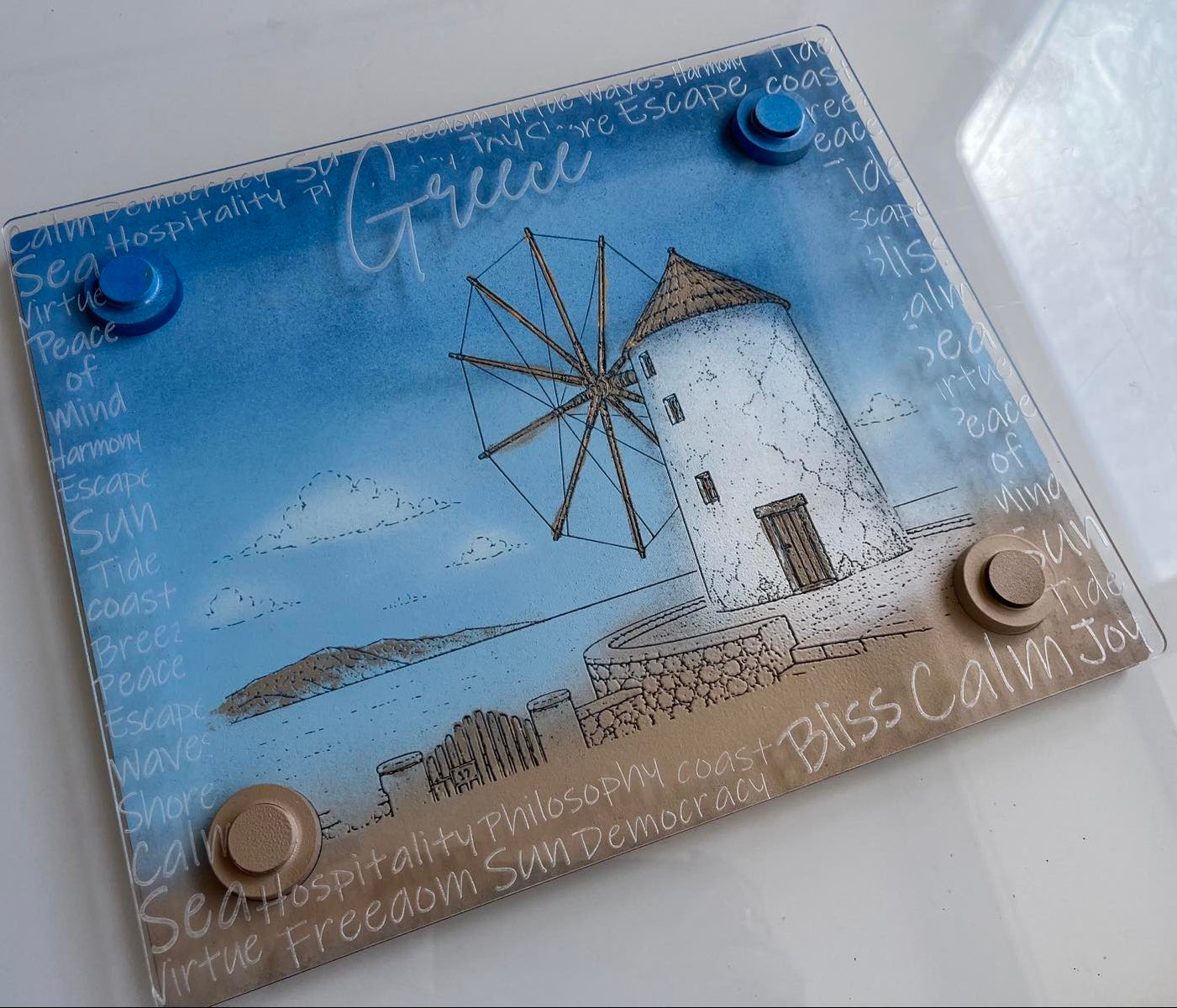 "MYLOS"| Hand-Painted & Engraved Wooden Placemat with Removable Plexiglass Cover (Copy) (Copy)