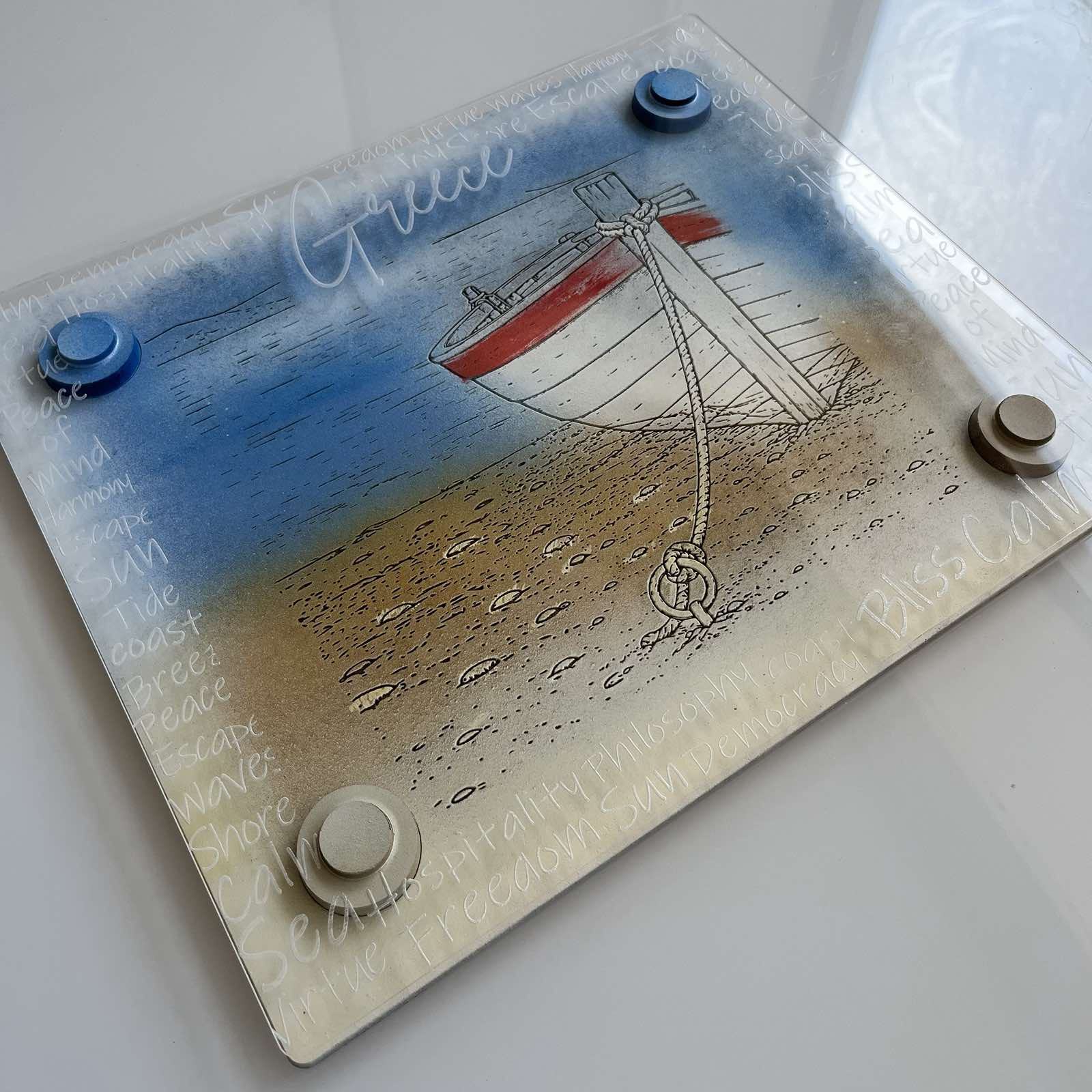 "THE BOAT"| Hand-Painted & Engraved Wooden Placemat with Removable Plexiglass Cover