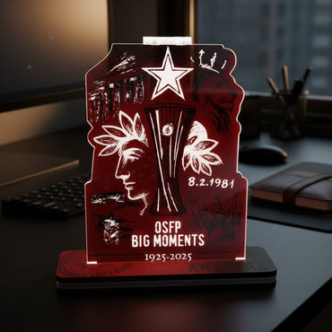 "RED HISTORY THRILOS" Επιτραπέζιο Φωτιστικό  με Ξύλο & Plexiglass (17cm * 25cm)