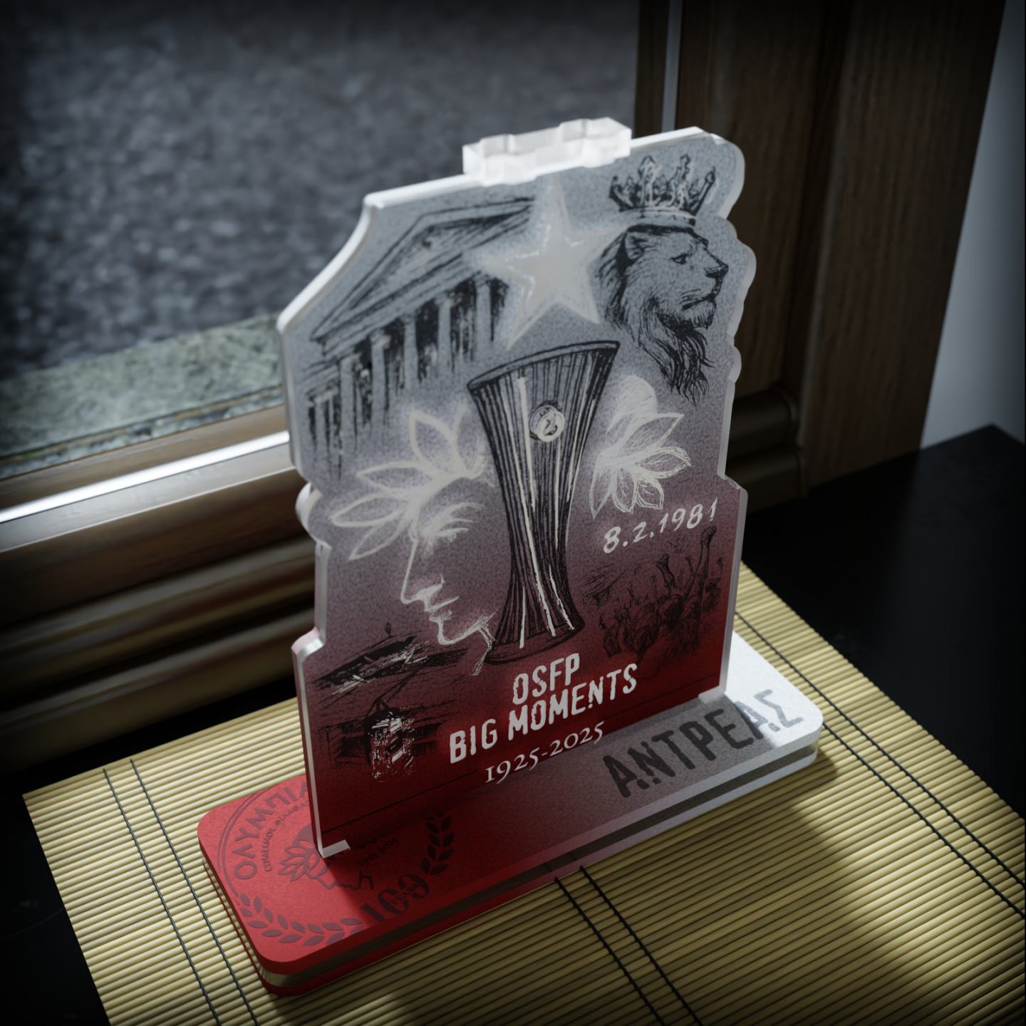 "RED HISTORY THRILOS" Επιτραπέζιο Φωτιστικό  με Ξύλο & Plexiglass (17cm * 25cm)