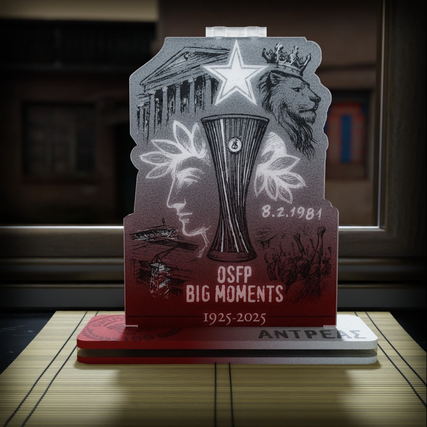 "RED HISTORY THRILOS" Επιτραπέζιο Φωτιστικό  με Ξύλο & Plexiglass (17cm * 25cm)