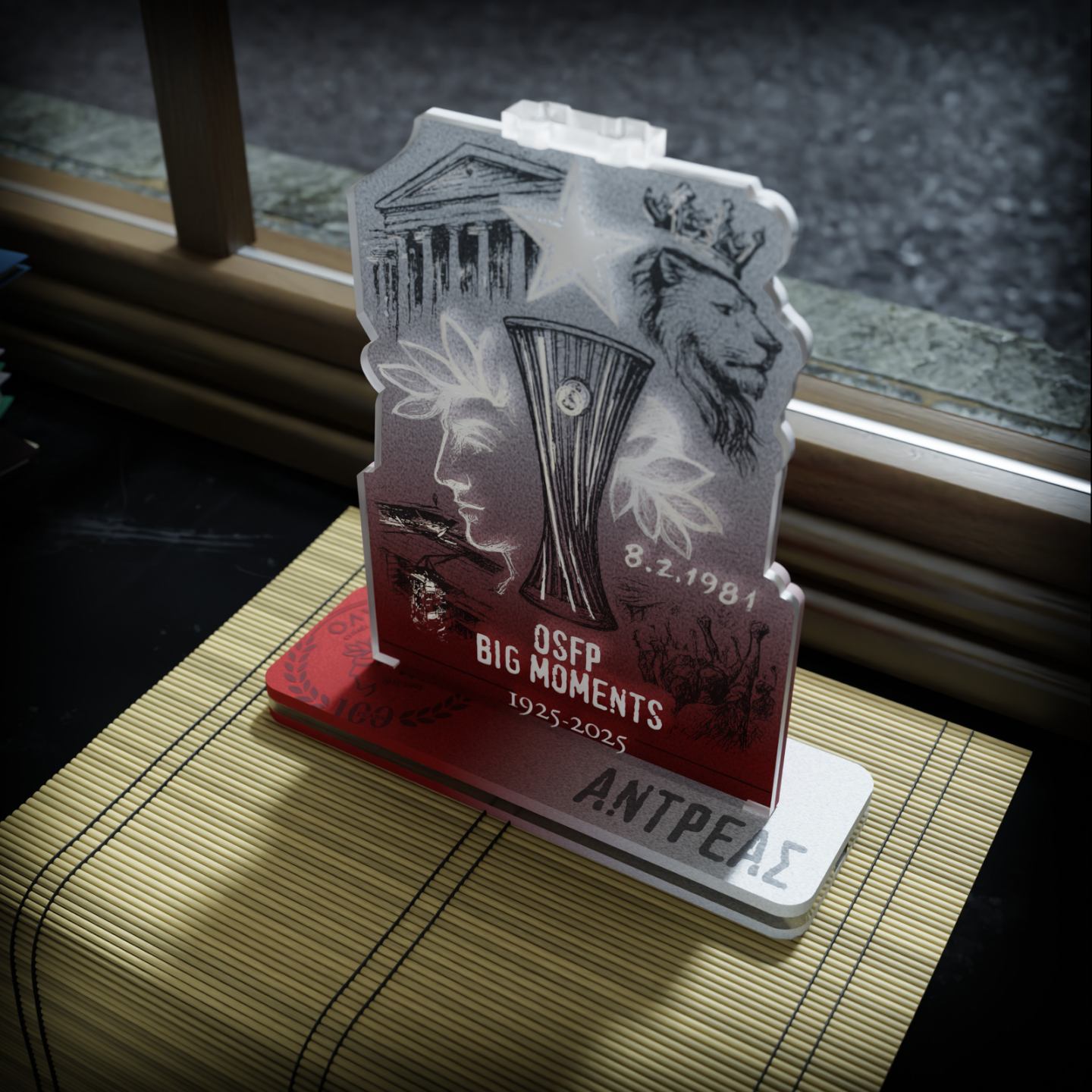 "RED HISTORY THRILOS" Επιτραπέζιο Φωτιστικό  με Ξύλο & Plexiglass (17cm * 25cm)