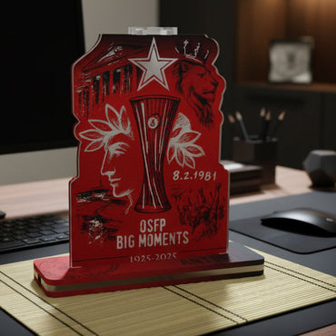 "RED HISTORY THRILOS" Επιτραπέζιο Φωτιστικό  με Ξύλο & Plexiglass (17cm * 25cm)