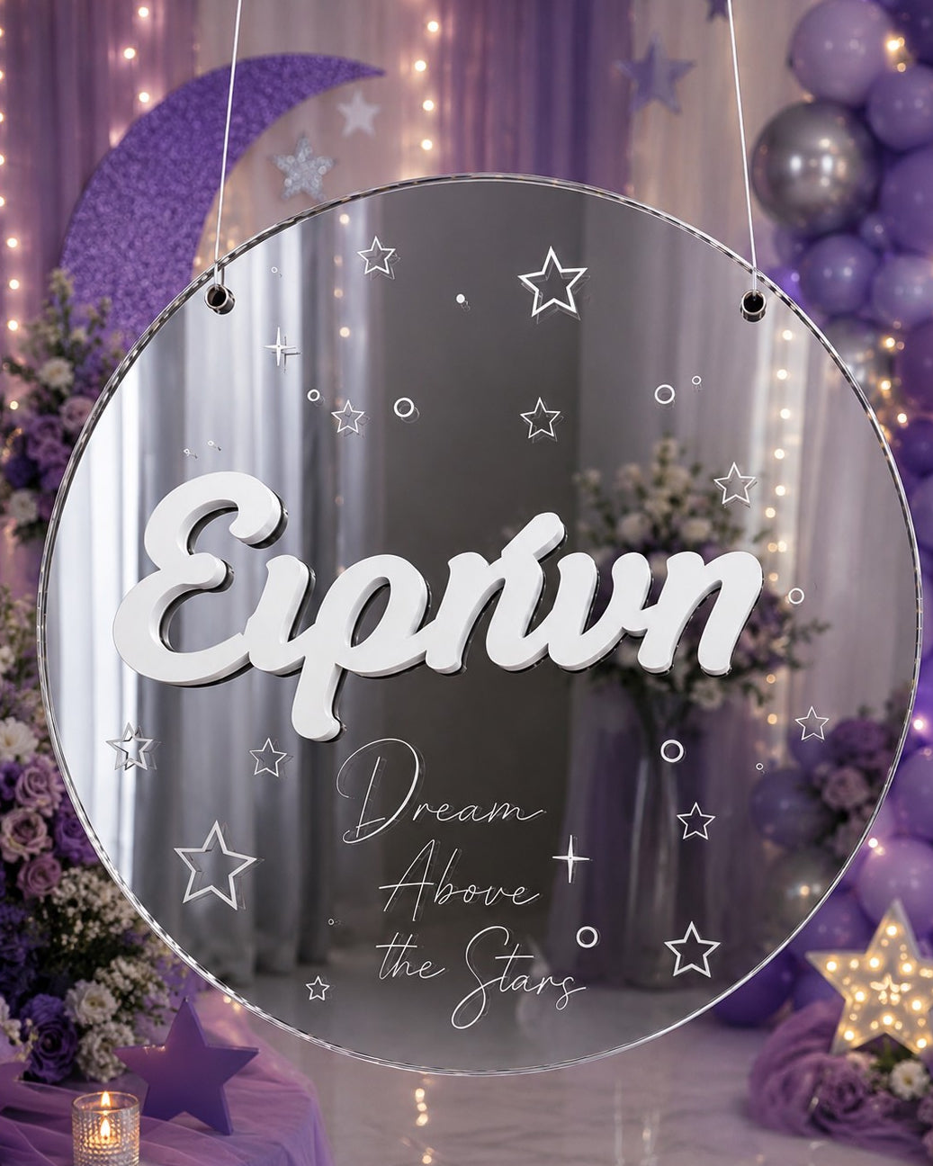 Κρεμαστή Πινακίδα Ασημί Plexiglass "Above the Stars" με Τρισδιάστατο Όνομα (35cm, 40cm, 55cm))