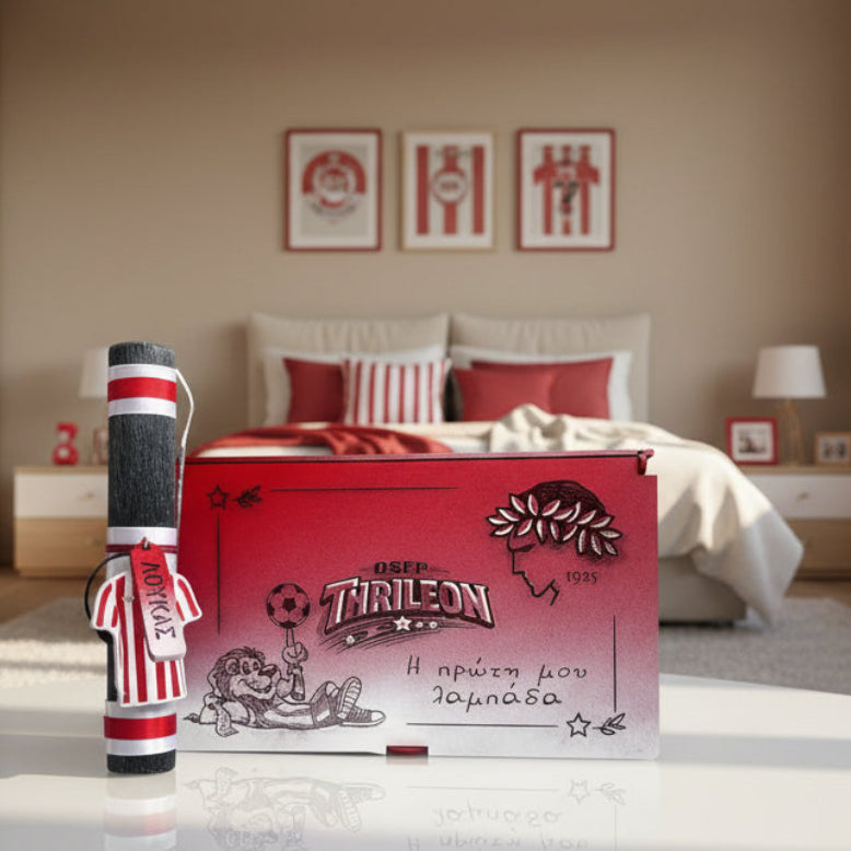 Ξύλινη Κασετίνα  με Λαμπάδα “Θρυλέων” – Η Πρώτη μου Λαμπάδα με Προσωποποιημένο Μπρελόκ & Πινακίδα με Στοιχεία Γέννησης